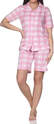 Produktbild von Normann Damen kurzarm Shorty-Pyjama Jersey durchgeknöpft – Karo-Optik – auch in Übergröße ; rosa , 56