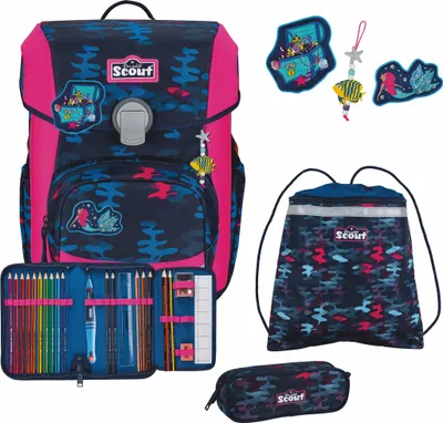 A collection of school supplies including a backpack, pencil case, and drawstring bag, all with a camouflage and sea-creature theme.