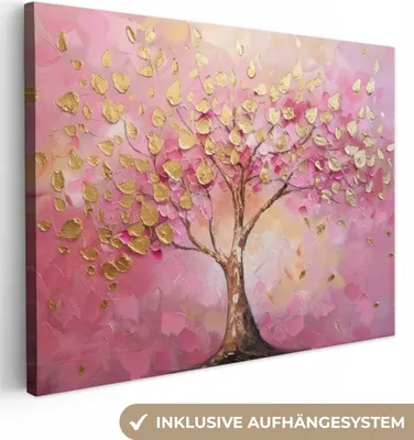 Produktbild von MuchoWow® - Leinwandbilder - Baum - Rosa - Gold - Modern, Wandbild, Wanddeko Bilder Wohnzimmer, 80x60cm