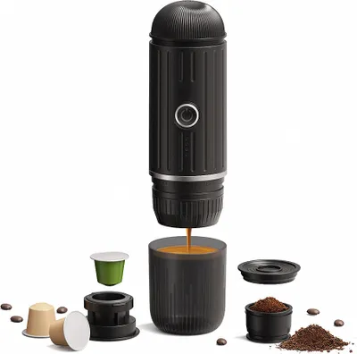 Produktbild von ZELURXX 2-in-1 Tragbare Kaffeemaschine, Espressomaschine, 12 V, Wiederaufladbar, für Reisen, Camping, Auto, Freien, mit Nespreso, Kapseln, Schwarz