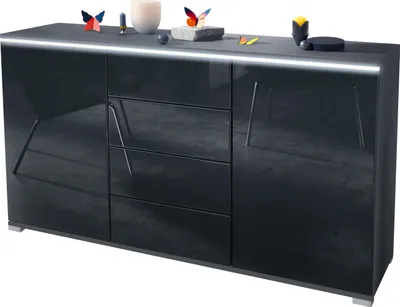 Produktbild von Vladon Sideboard Faro V1 - Kommode mit 2 Türen & 4 Schubladen, Schrank mit LED Lichtleiste, Anthrazit matt / Schwarz Hochglanz (138,5 x 75,5 x 35)