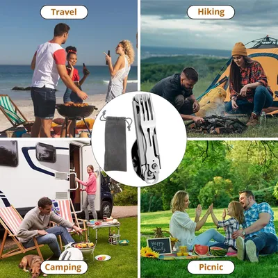 Productafbeelding van Camping bestek 2 pak, 5 in 1 multifunctioneel, roestvrijstaal, opvouwbaar, voor kamperen