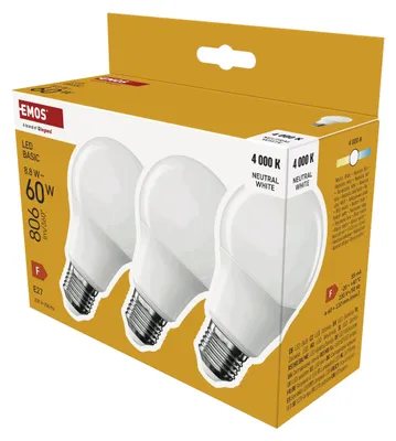 Immagine prodotto di EMOS Lampada LED BASIC A60, confezione da 3, base E27, bianco neutro, 806 lm, 8,8W (sostituzione di una lampadina a incandescenza da 60W), durata 20.000 ore, ZL5F48.3