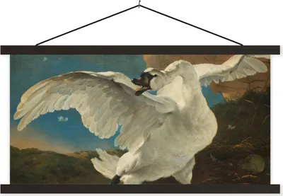 Produktbild von MuchoWow® Textilposter Der bedrohte Schwan - Gemälde von Jan Asselijn 120x60 cm mit schwarzem Rahmen - Dekoration Schlafzimmer