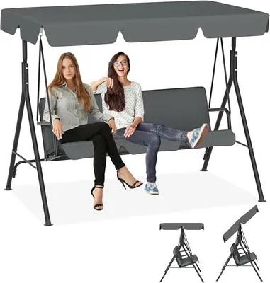 Produktbild von Hollywoodschaukel mit Verstellbares Sonnendach,176x110x152cm Gartenchaukel 3 Sitzer,Gartenliege Wetterfest,Schaukelbank für Garten & Terrasse,bis 200kg Belastbar,Grau