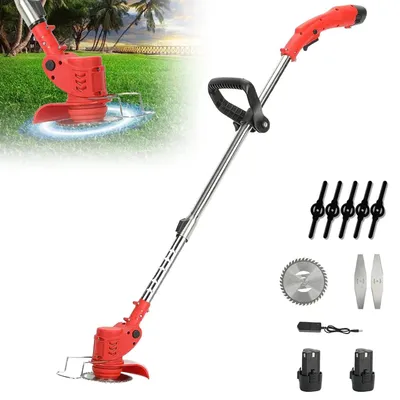 Image de Tondeuse à gazon sans fil - Tondeuse électrique sans fil - Moteur sans balais - 18 000 tr/min - Longueur réglable - Diamètre de coupe de 15 cm - 2 batteries - Rouge