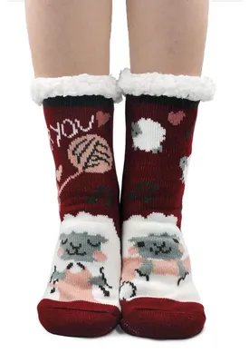 Produktbild von Damen Hüttensocken mit ABS Antirutschsohle Tiermuster Rot 35-41