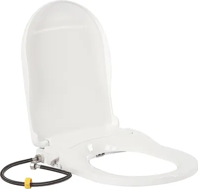 A white bidet toilet seat with a flexible hose attached.