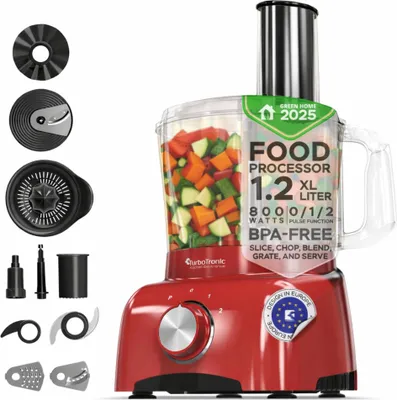 Obrázok produktu pre TurboTronic kuchynský robot 800 W – FP800 – 1,2 L nádoba, sekač, citrusovač a mixér v jednom, multifunkčný food processor, BPA-free, čierno-červený Rot