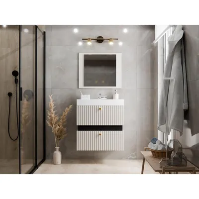 Produktbild von Badmöbel-Set Badezimmermöbel-Set TIKO-11 Badmöbel für einen 60cm Waschtisch + Waschbecken + SPIEGEL Farbe weiß-schwarz