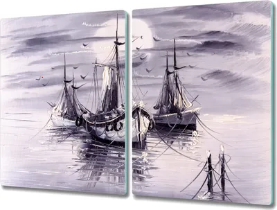 Produktbild von Coloray Küchenbrett Kochplattenabdeckung Hackbrett Schneidebrett Herdabdeckplatte 2x40x52 cm - Mond Nacht Seeschiffen
