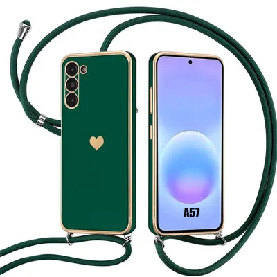 Image de Coque pour Samsung Galaxy A57 5G, Silicone Souple Anti-Rayures Motif Coeur avec Cordon Vert Nuit