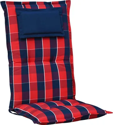 Produktbild von elGiga Hochlehner-Auflage 1-Stück Classic Blau Rot kariert 120 x 50 x 7 cm für Gartenstuhl, mit Kopfpolster, hochwertig, waschbar und pflegeleicht