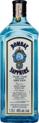 A bottle of Bombay Sapphire London Dry Gin.