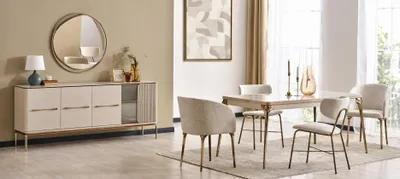 Image de Ensemble de salle à manger comprenant une table, 2 chaises, 2 fauteuils, une console et un miroir
