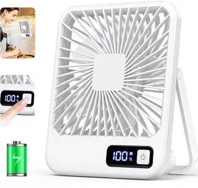 Immagine prodotto di Ventilatore elettrico portatile ricaricabile tramite USB, orientabile a 180° e pieghevole - Bianco