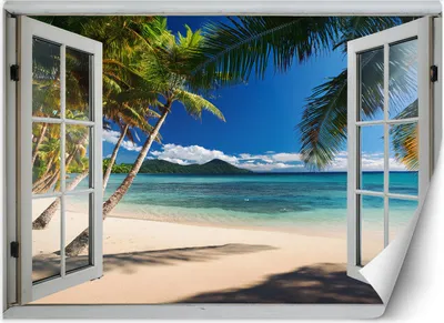 Produktbild von Vlies fototapete Blick aus dem Fenster Palm Beach Tropisch 400x280 cm Feeby Blau inkl. Kleber einfache Montage