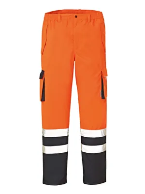 A pair of orange and black work pants with reflective stripes.