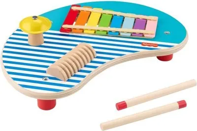 Immagine prodotto di Tavolo musicale in legno, Fisher-Price, strumenti a percussione, xilofono, piatti, güiro, legno HXT91