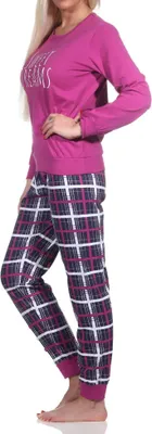 Produktbild von Normann Damen langarm Schlafanzug mit Bündchen Pyjama mit karierter Jersey Hose ; beere , 48-50