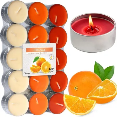 A collage of orange-scented tea lights, whole and sliced oranges, and a lit candle in a tin.
