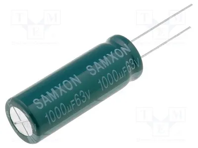 Imagen del producto de 1 x Condensador: electrolítico, 1000 µF, para montaje en placa, baja impedancia, 63 VDC, GF, 1000U/63V