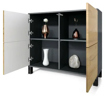 Produktbild von Kommode Rova V3, Moderner Küchenschrank mit 4 Push-to-Open Türen in Anthrazit matt/Bordeaux Hochglanz (92,5 x 84,5 x 35)