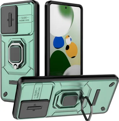 Produktbild von Hülle für Xiaomi Poco X5 Pro/Redmi Note 12 Pro 5G Dual Layer Handyhülle Schiebe Kamera Schutz und Ringhalter Ständer Grün