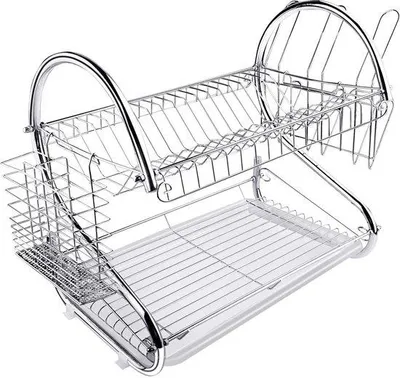 Zdjęcie produktu dla Unyqoos® Suszarka do naczyń dwupiętrowa z wyjmowaną miską o pojemności 42×26×39 cm, z bocznym uchwytem na sztućce i pokrywki, wykonana ze stali nierdzewnej