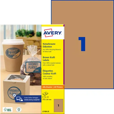 Produktbild von Avery Zweckform L7109-25, Naturbraune Etiketten, A4, 210 x 297 mm, 25 Etiketten / 25 Bögen, naturbraun