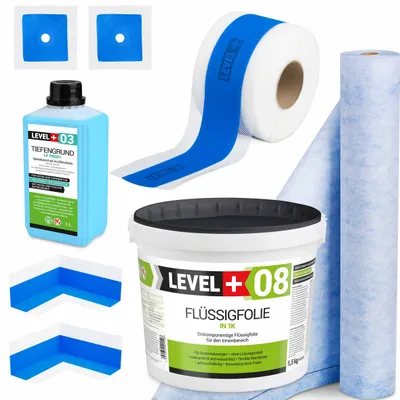 Obrázek produktu pro Hydroizolační sada Tekutá fólie 5,5 kg Těsnicí páska 5mb Rohož 1mb Základní nátěr 1l Sprcha - LEVEL+ SET331