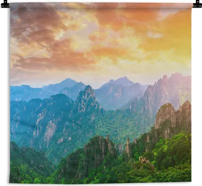 Produktbild von MuchoWow® Wandteppich Wandbehang Berge - Bäume - Sonnenuntergang - Natur 90x90 cm Tapisserie Dekoration Wandtuch - Wandaufhänger