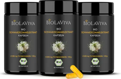 Produktbild von BIOLAVIVA Schwarzkümmelöl Kapseln - 5.000mg Thymochinon/100g - (3 x 60) Kapseln vegan im 2-Monats-Vorrat - Lichtschutz MIRON Violettglas