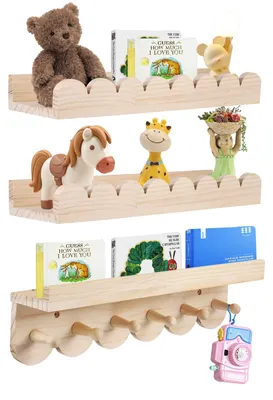 3er-Set Kinder-Wandregale aus Massivholz, 40 cm, mit 6 Haken