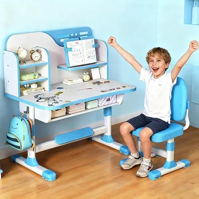 Produktbild von Schreibtisch Kinder, Kinderschreibtisch Höhenverstellbar, Kinder Schreibtischstuhl mit Bücherregal und Schublade für Schlafzimmer und Arbeitszimmer (Blau-e)
