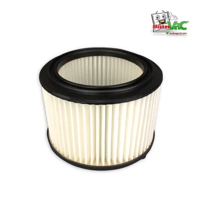 A product shot of a vacuum cleaner filter with a logo in the top right corner.