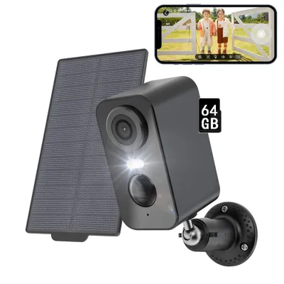 Image de 2K caméra de surveillance extérieure batterie solaire, 5200mAh batterie caméra de surveillance extérieure WLAN, détection de mouvement PIR, carte mémoire 64GB