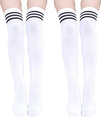 Produktbild von Krautwear Damen Strümpfe Socken Overknees Streifen Kniestrümpfe Cheerleader (2x weiss/schwarz)