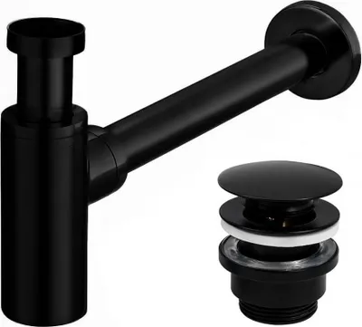 A black sink siphon and drain assembly on a white background.