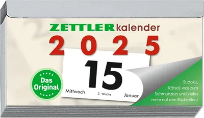 Produktbild von Tagesabreißkalender Q 2025 - 10,9x5,9 cm - 1 Tag auf 1 Seite - mit Sodokus, Rezepten, Rätseln uvm. auf den Rückseiten - Bürokalender 312-0000