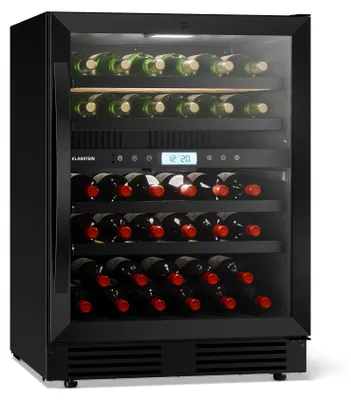 Zdjęcie produktu dla Podblatowa chłodziarka na wino Klarstein VeroSteel – dwustrefowa chłodziarka na wino na 43 butelki, szklane drzwi z filtrem UV, dotykowy panel sterowania, wysuwane i łatwo dostępne drewniane półki