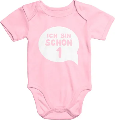 Produktbild von Kurzarm Baby-Body Geburtstag Ich bin schon 1 Jahr Eins Geschenk Strampler Baumwolle Moonworks® rosa 12-18 Monate