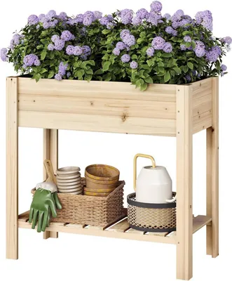 Produktbild von WOLTU Hochbeet Holz, 80x75x40 cm, Gemüsebeet mit Blumenkasten Ablageboden Folie : Holzfarbe Farbe: Holzfarbe