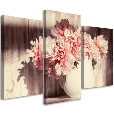 Image de Triptyque sur toile fleurs vintage dans un vase 120x80 cm Feeby rose tableau mural prêt à accrocher