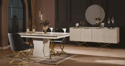 Produktbild von Luxus Esszimmer Set Esstisch 4x Stöhle und Sideboard Spiegel 7tlg Möbel
