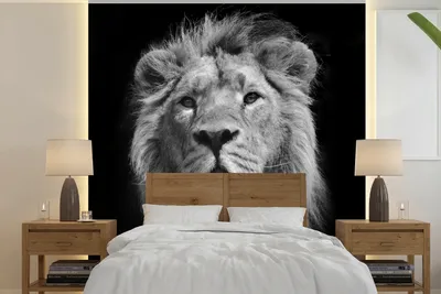 Produktbild von MuchoWow® Fototapete für Wohnzimmer oder Schlafzimmer Wandtapete Vinyl Motivtapete Löwe - Porträt - Schwarz - Weiß - 300x300 cm - Wanddekoration