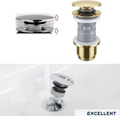 Produktbild von ECOLAM Click Clack Ablaufventil Gold glänzend für Waschbecken Bidet mit/ohne Überlauf Stöpsel Pop-Up Push-Up Messing 63 mm