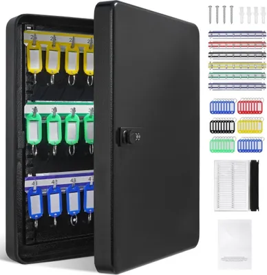 Image de Armoire à clés 48 clés - Noir, Verrouillable, Réglable - 6 porte-clés, 2 clés, 1 fiche