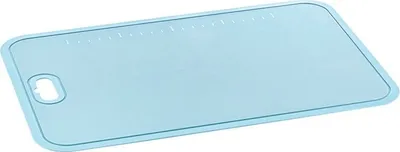 A light blue plastic cutting board with a handle and measurement markings.