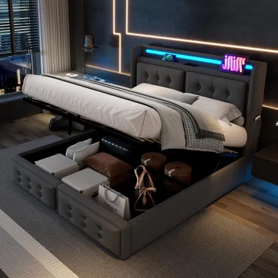 Obrázok produktu pre Postel s čalúneným čelom, rozmery 140x200 cm, sivá, s poťahom z bavlny, s LED osvetlením čela, USB-C portom a úložným priestorom, rám postele do spálne